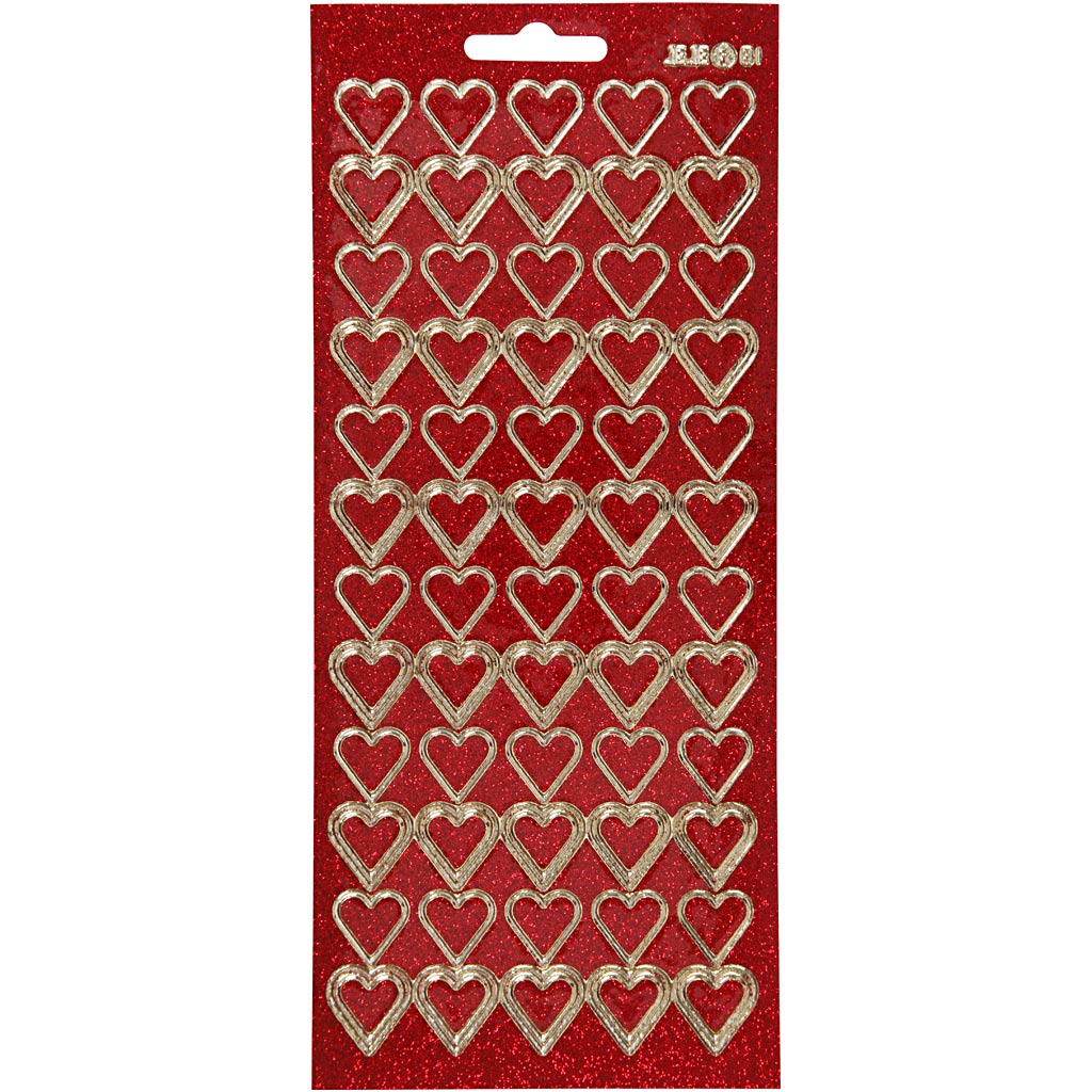 Stickers, hearts, sheet 10x23 cm, gold, red glitter, 1 sheet