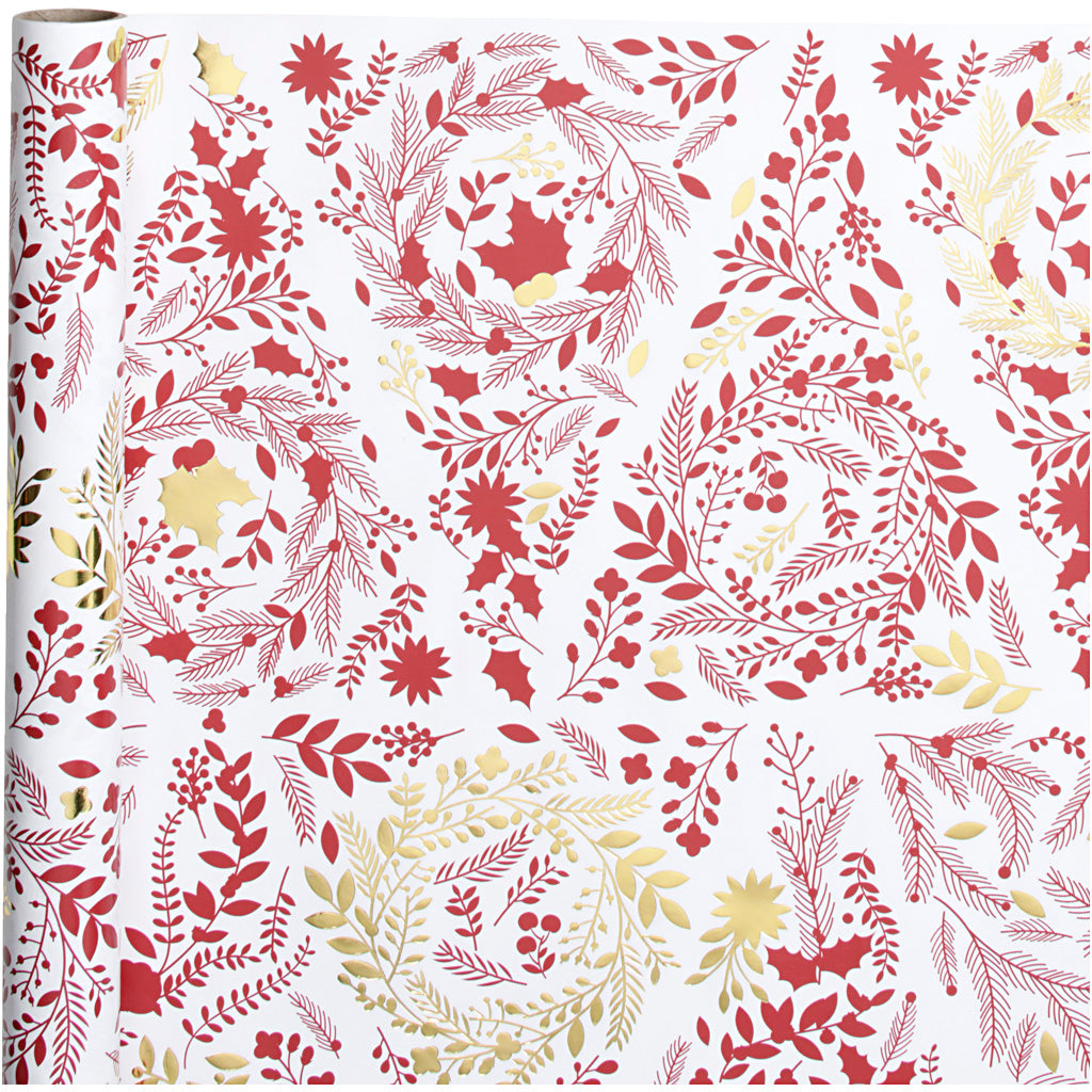 Gift wrap, Christmas trees, W: 50 cm, 80 g, gold, red, white, 3 m/ 1 roll