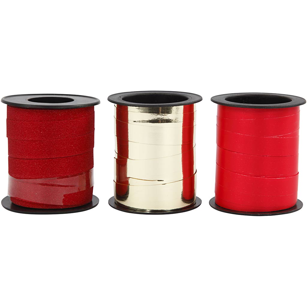 Curling Ribbon, W: 10 mm, gold, red, red glitter, 3x15 m