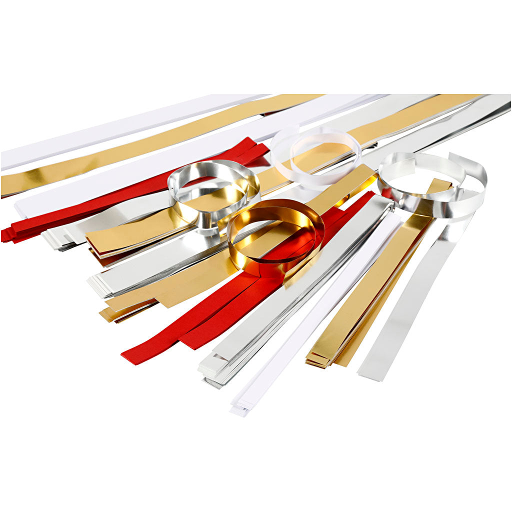 Paper Star Strips, L: 44+78 cm, W: 10+15+25 mm, dia. 4,5+6,5+11,5 cm, Content may vary , gold, red, silver, white, 5000 strips