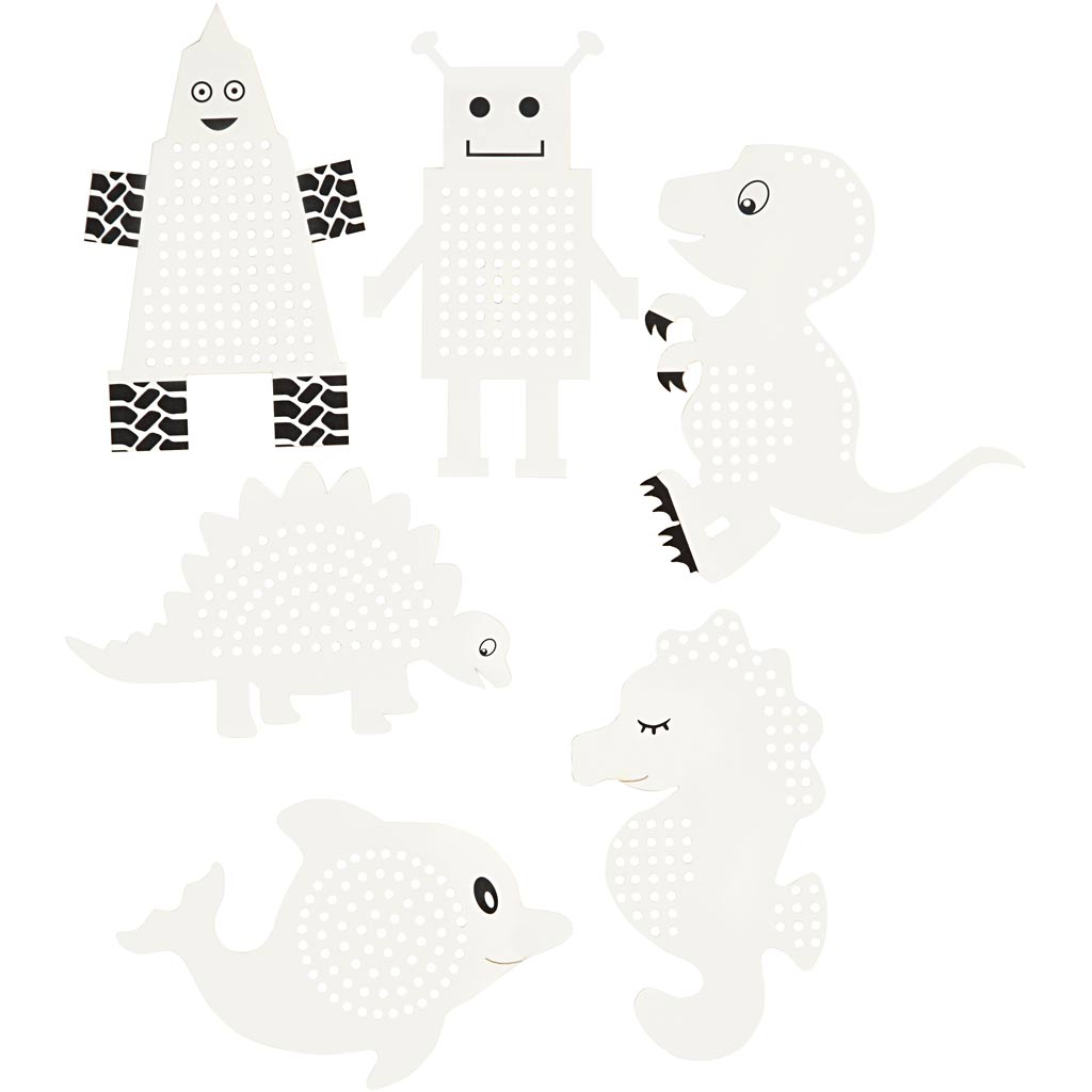 Embroidery card, animals/robots, H: 8-13 cm, W: 8-13 cm, white, 6x3 pc