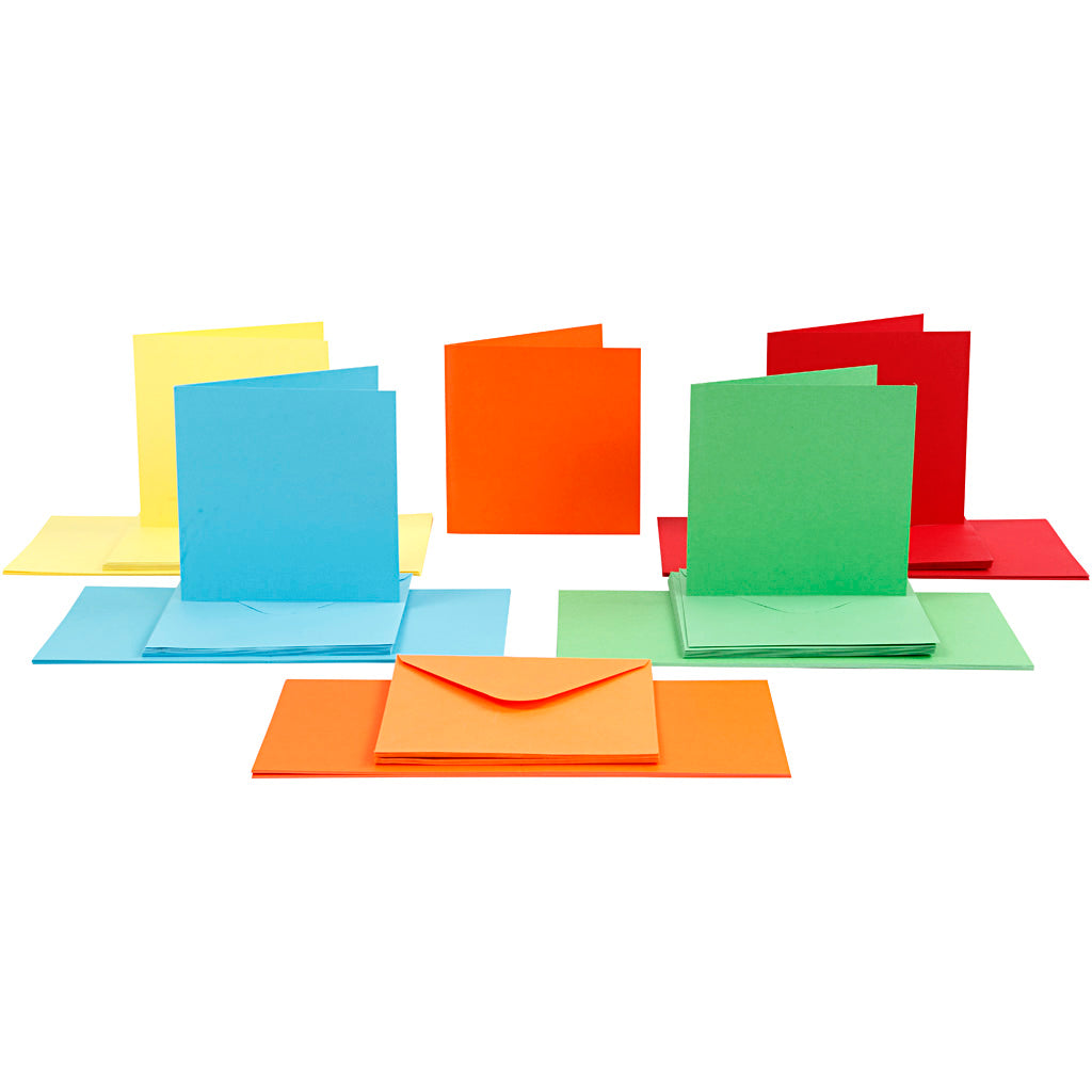 Cards and envelopes, card size 15x15 cm, envelope size 16x16 cm, 110+220 g, assorted colours, 50 set