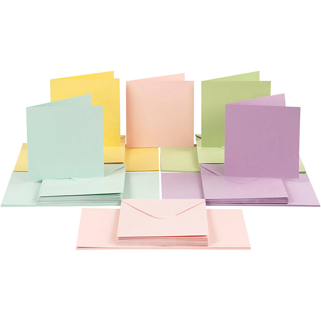 Cards and envelopes, card size 15x15 cm, envelope size 16x16 cm, 110+220 g, pastel colours, 50 set