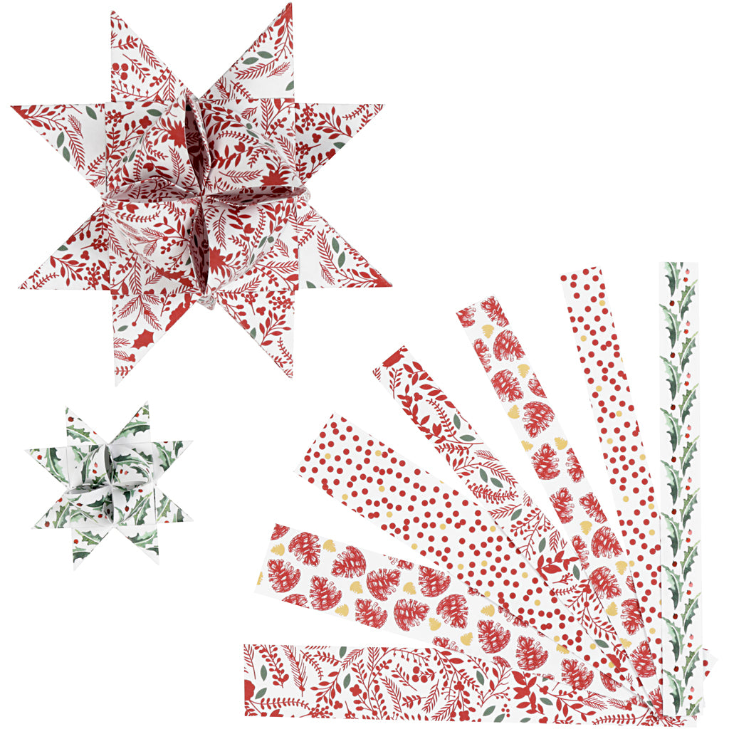 Paper Star Strips, L: 44+78 cm, dia. 6,5+11,5 cm, W: 15+25 mm, red, white, 48 strips