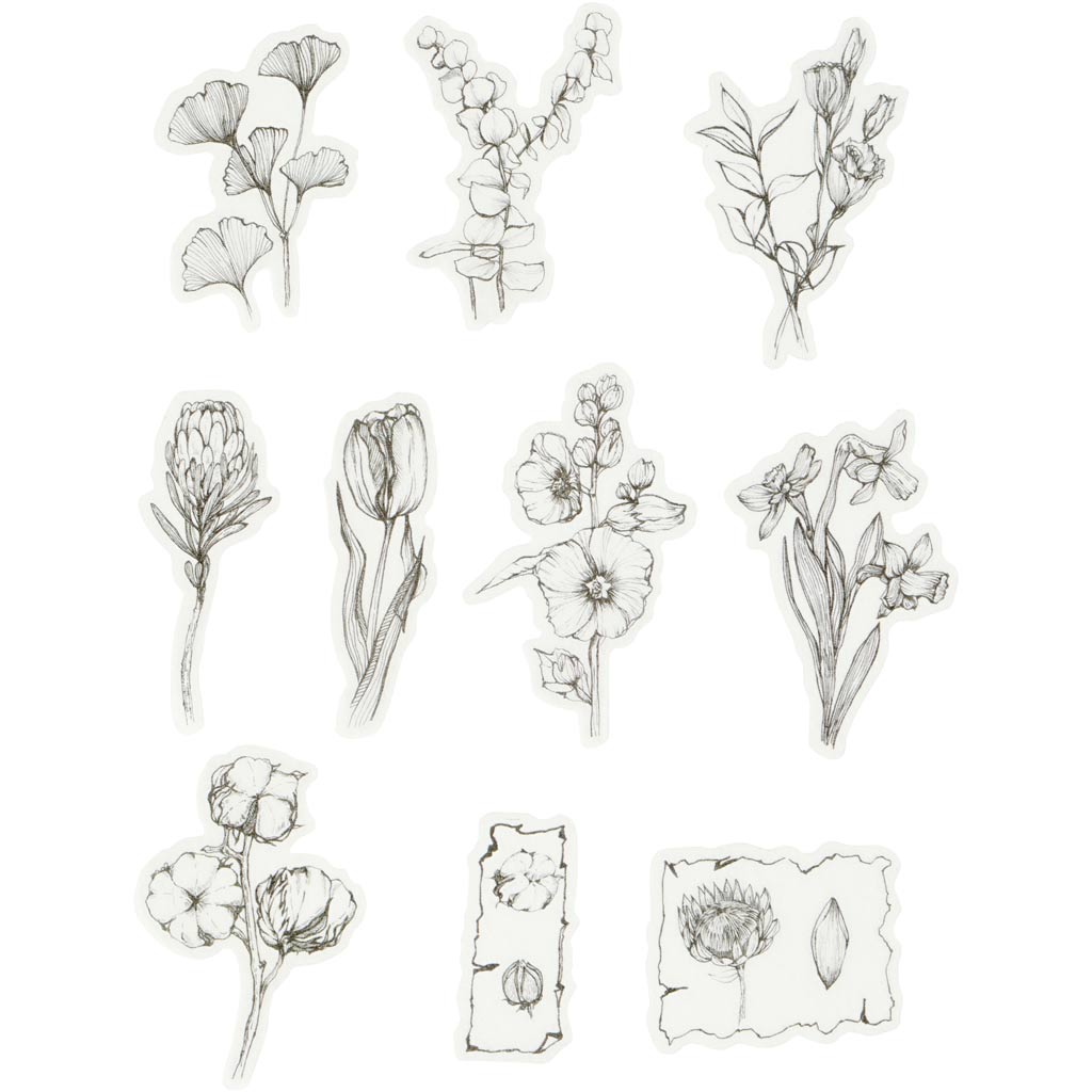Masking tape stickers, black/white flowers, size 30-50 mm, 30 pc