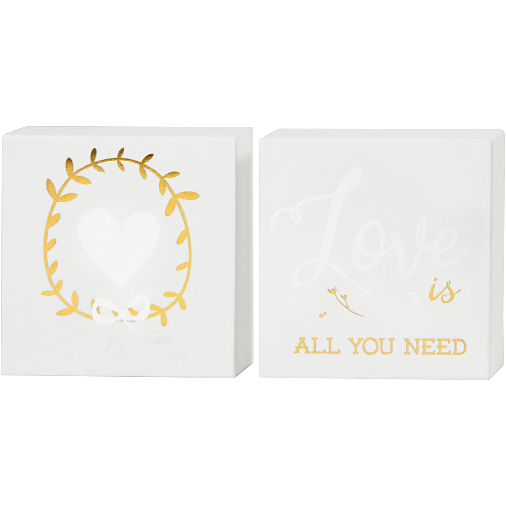 Canvas with Gold Motifs, H: 10,16 cm, D. 2,54 cm, W: 10,16 cm, white, 2 pc