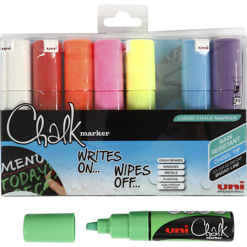 Chalk Pen, line 8 mm, assorted colours, 8 pc