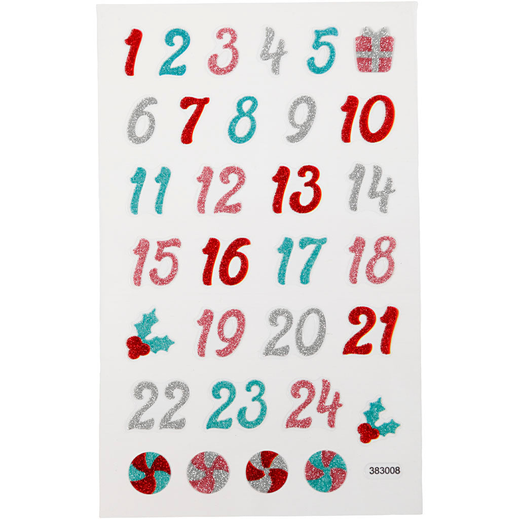 Glitter Stickers, advent numbers, sheet 10x16 cm, 1 sheet