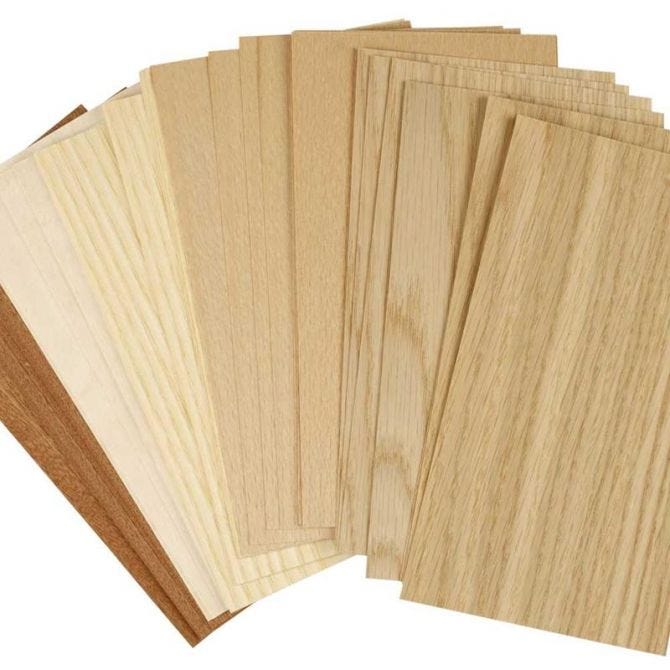 Wood Veneer, sheet 12x22 cm, thickness 0.75 mm, beech, oak, mahogany, 30mixed sheets