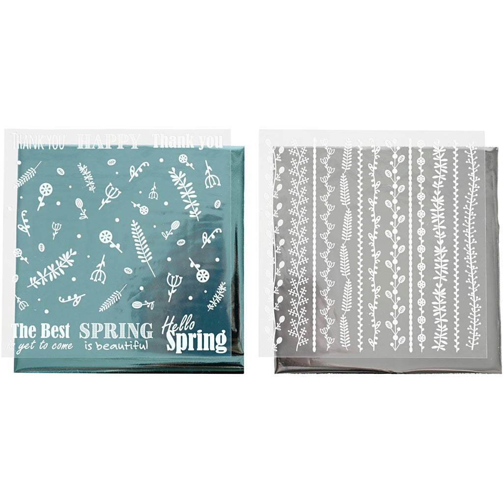 Deco Foil and transfer sheet, Spring flowers, sheet 15x15 cm, silver, turquoise, 2x2 sheet