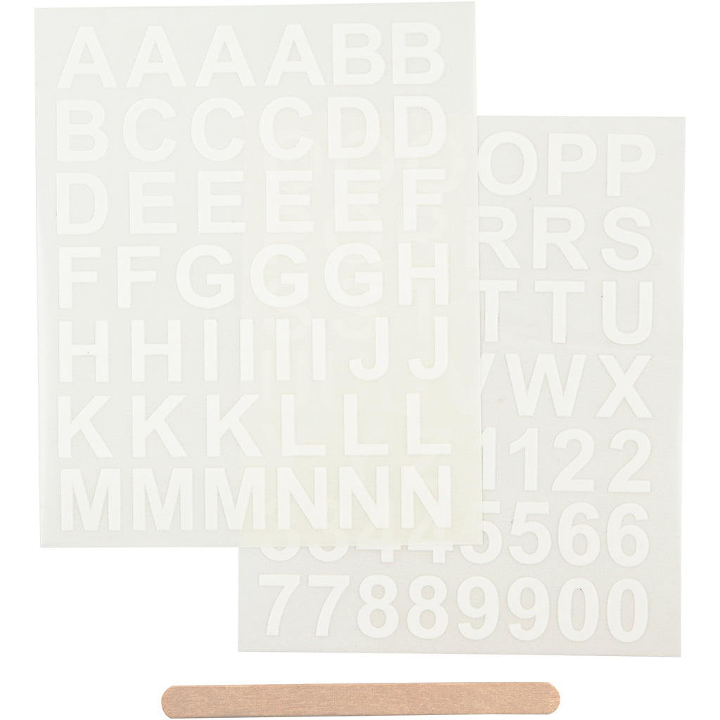 Rub-on Stickers, letters and numbers, H: 17 mm, W: 17 mm, sheet 12,2x15,3 cm, white, 1 pack