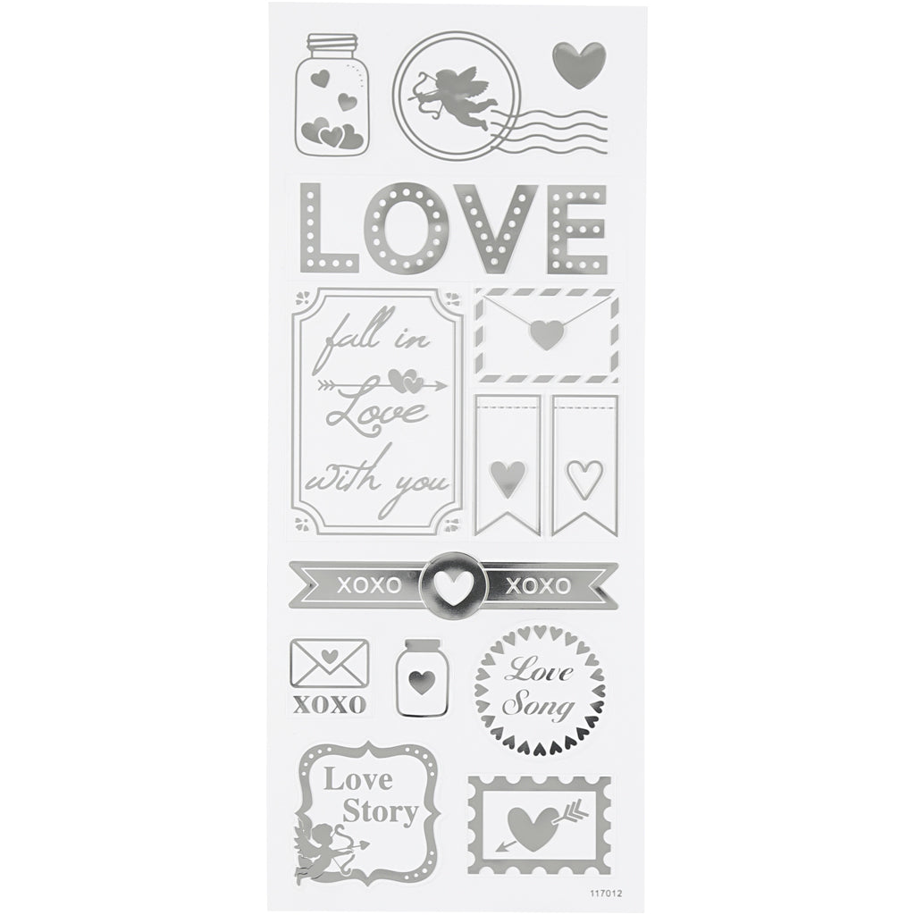 Stickers, love, sheet 10x24 cm, ca. 14 pc, silver, 1 sheet