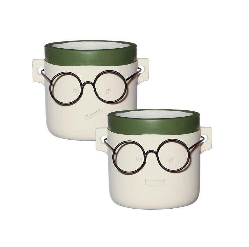 Plant pot with glasses White/Green 2 ass. Ø7.5 h.7 cm (6 Pcs)