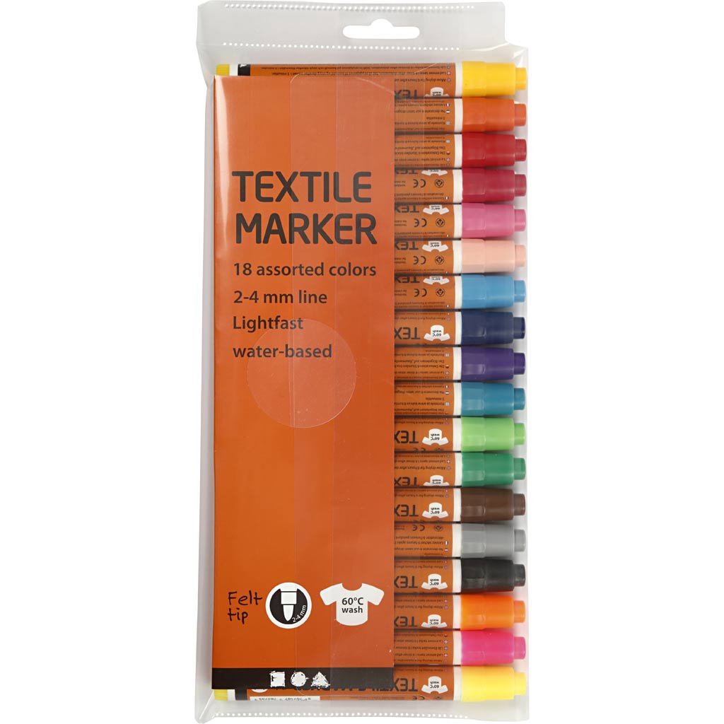 Textile Markers, line 2-4 mm, assorted colours, 18 pc