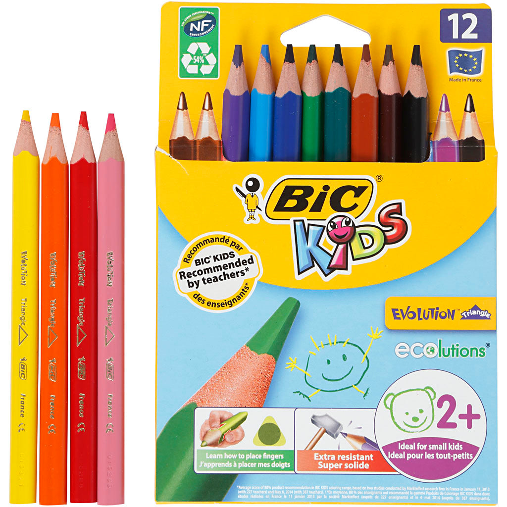 BIC Evolution Triangular Colouring Pencils, L: 14 cm, lead 5 mm, assorted colours, 12 pc