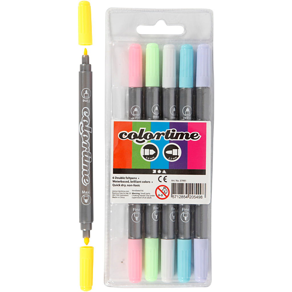 Colortime Double Marker, line 2,3+3,6 mm, pastel colours, 6 pc