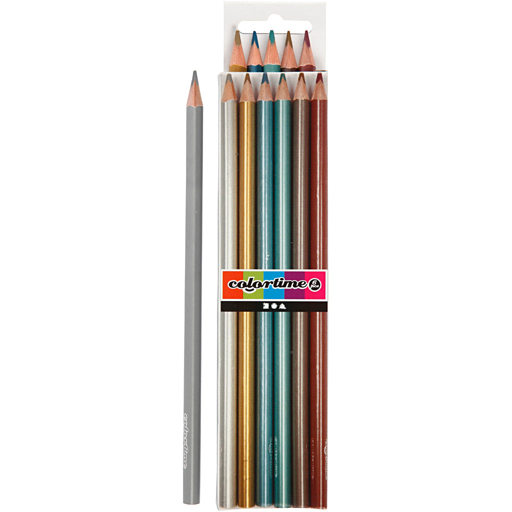 Colortime Colouring Pencils, L: 17,45 cm, lead 3 mm, metallic colours, 6 pc