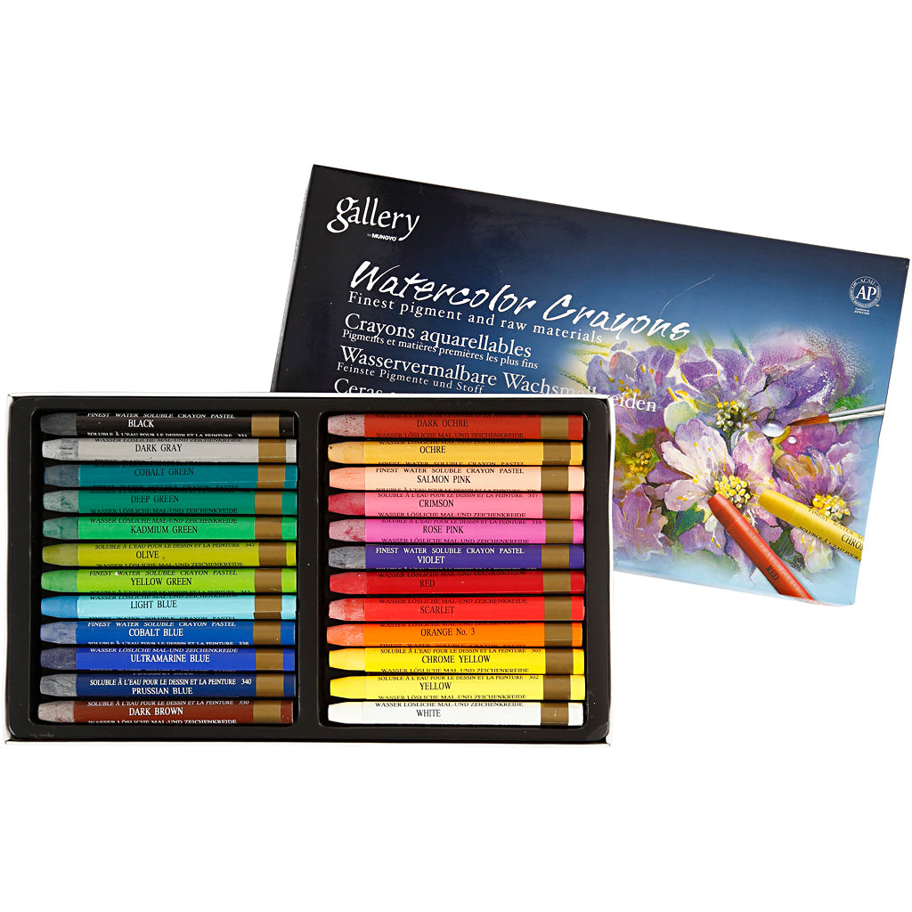 Watercolor Crayons, L: 9,3 cm, assorted colours, 24 pc