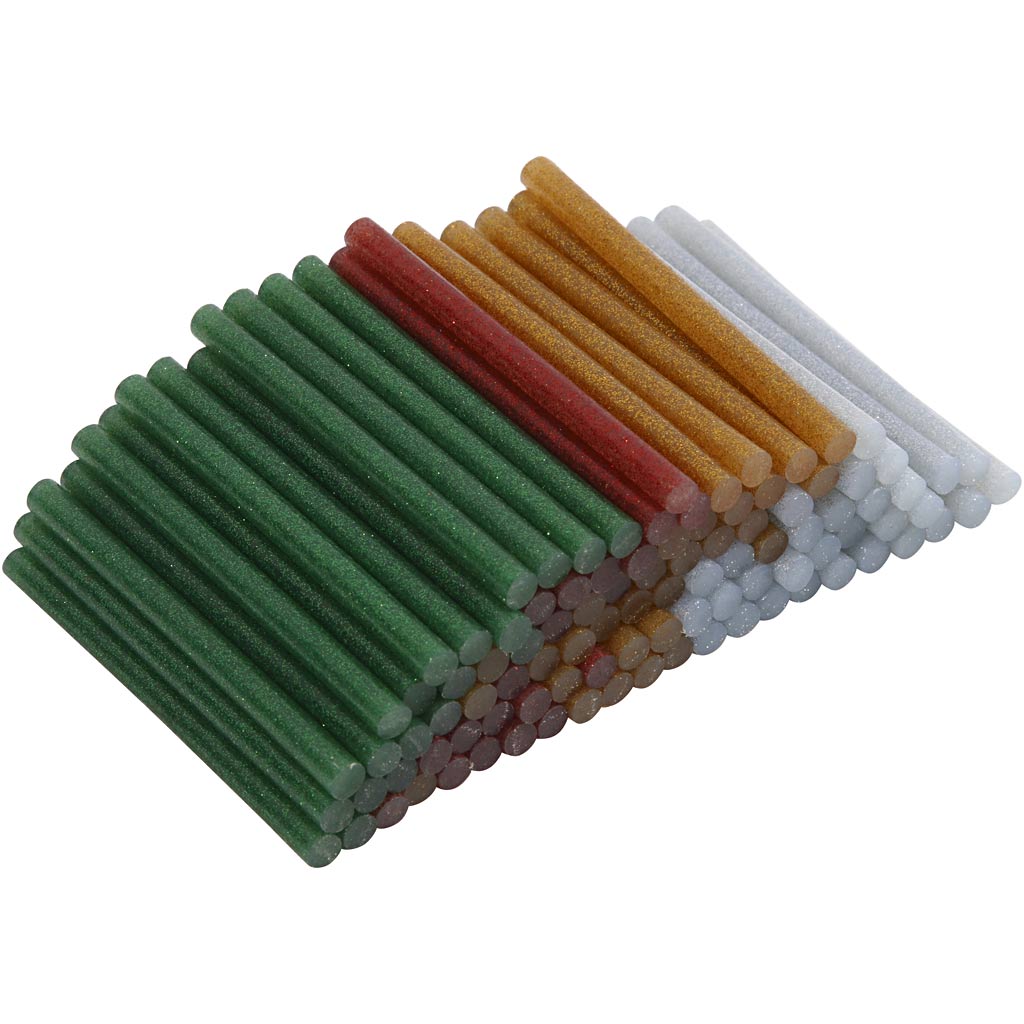 Glue Sticks Mini, L: 10 cm, dia. 7 mm, glitter, gold, green, red, silver, 100 pc