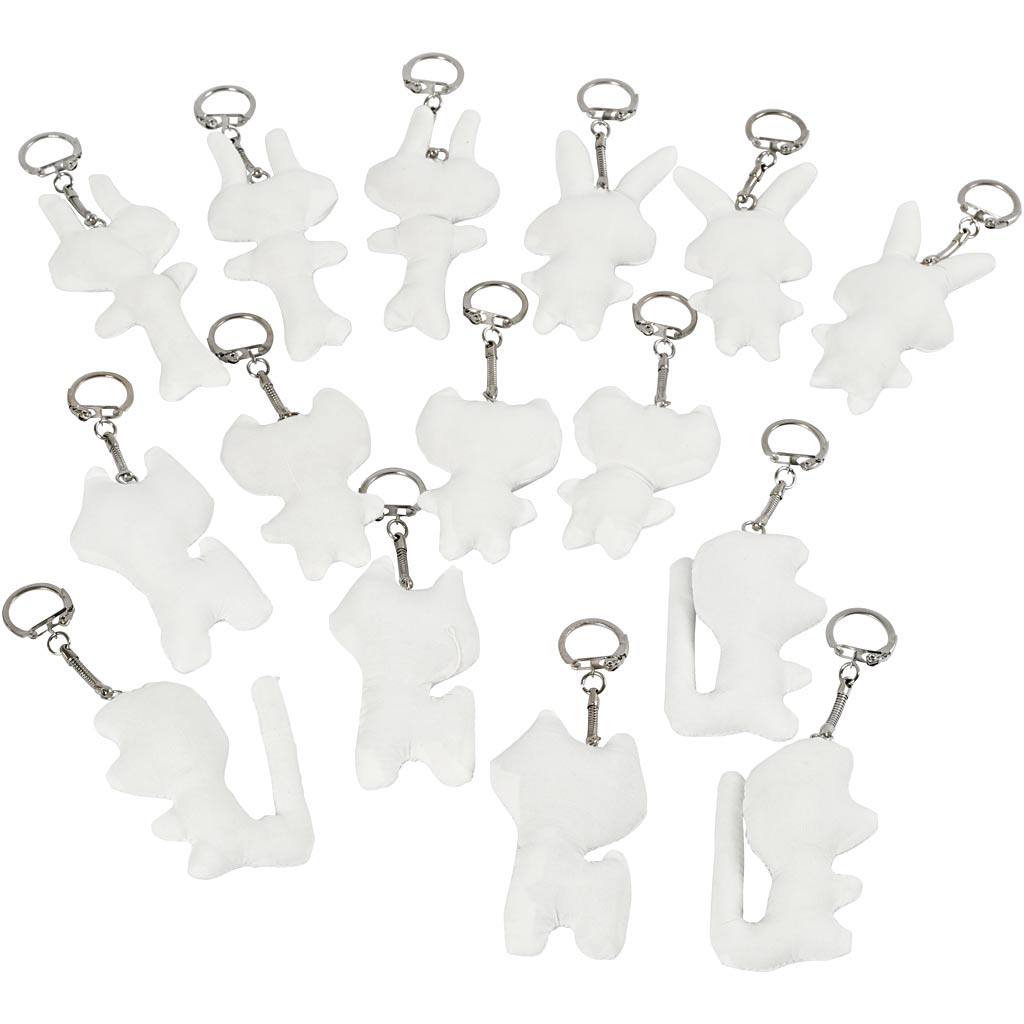 Fabric Figures with key rings, size 6-10 cm, white, 15 pc