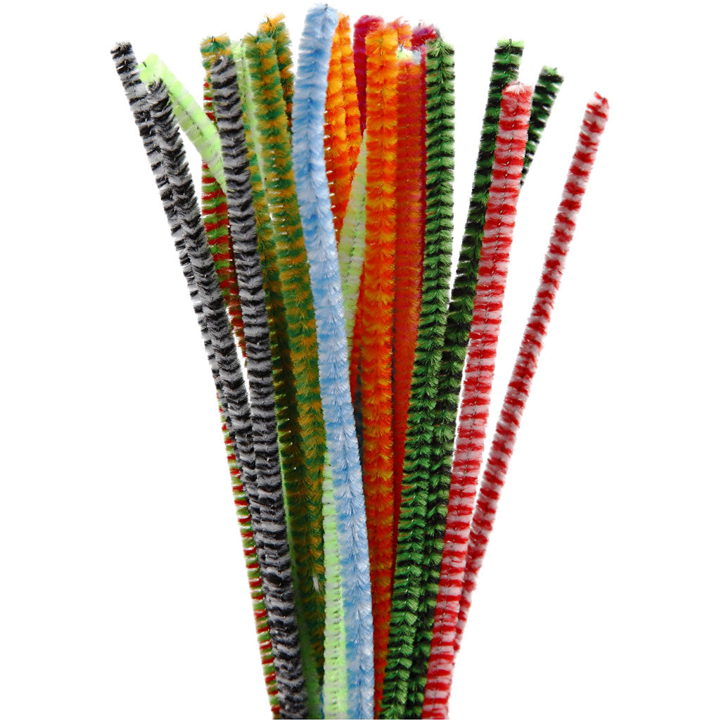 Chenille, striped, L: 30 cm, thickness 6 mm, assorted colours, 30 asstd.