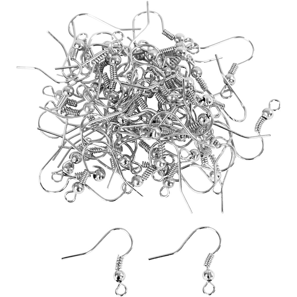 Earring Hooks, L: 18 mm, silver-plated, 100 pc