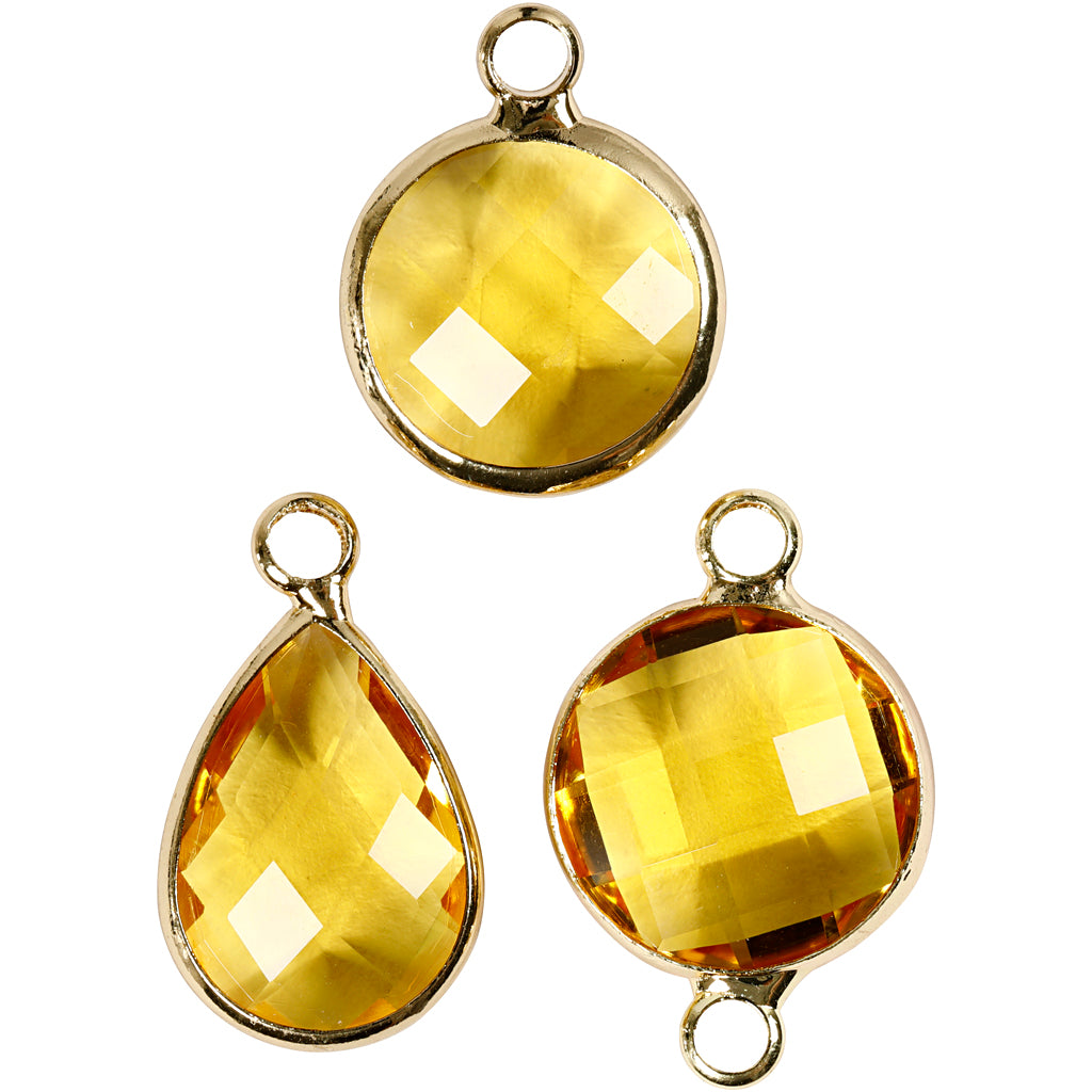 Jewellery Pendant, H: 15-20 mm, hole size 2 mm, yellow, 1 pack