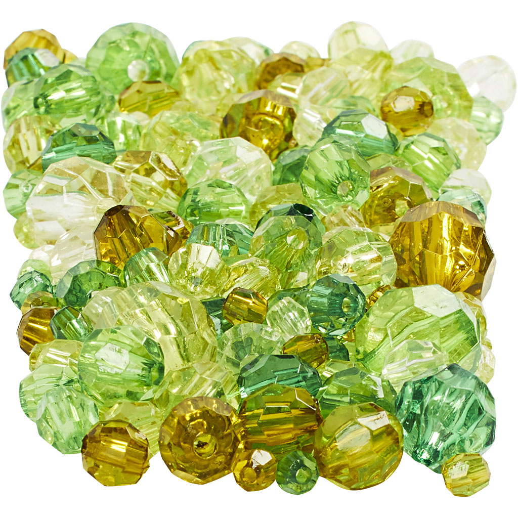 Facet Beads, size 4-12 mm, hole size 1-2,5 mm, ca. 860 pc, green glitter, 250 g