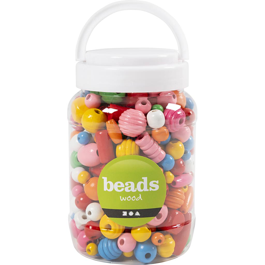 Wooden Beads, size 5-28 mm, hole size 2,5-3 mm, ca. 466 pc, assorted colours, 175 g, 400 ml/ 1 bucket