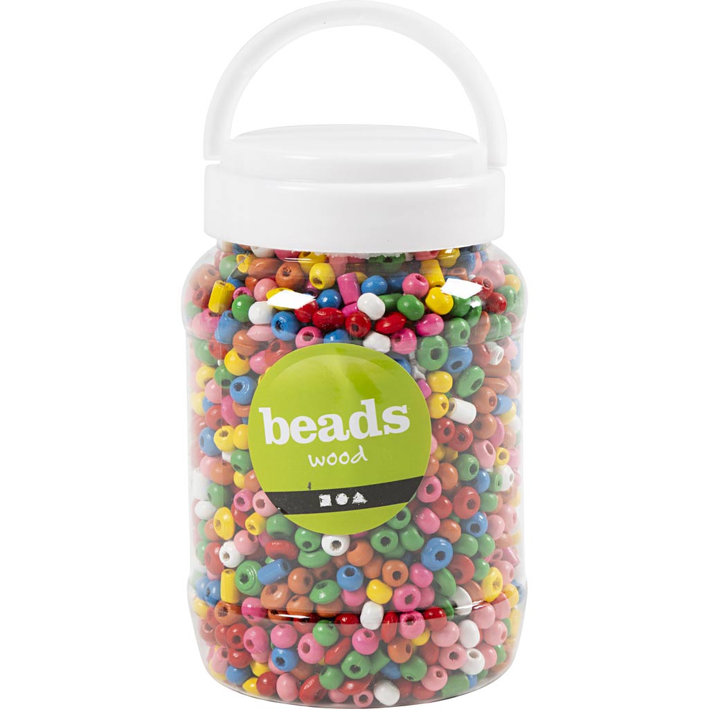 Wooden Beads, dia. 5-8 mm, hole size 1,5 mm, ca. 2170 pc, assorted colours, 175 g, 400 ml/ 1 bucket