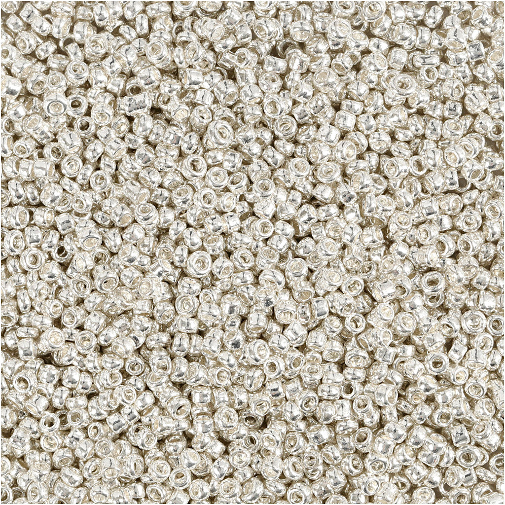 Rocaille Seed Beads, dia. 1,7 mm, size 15/0, hole size 0,5-0,8 mm, silver metal, 25 g