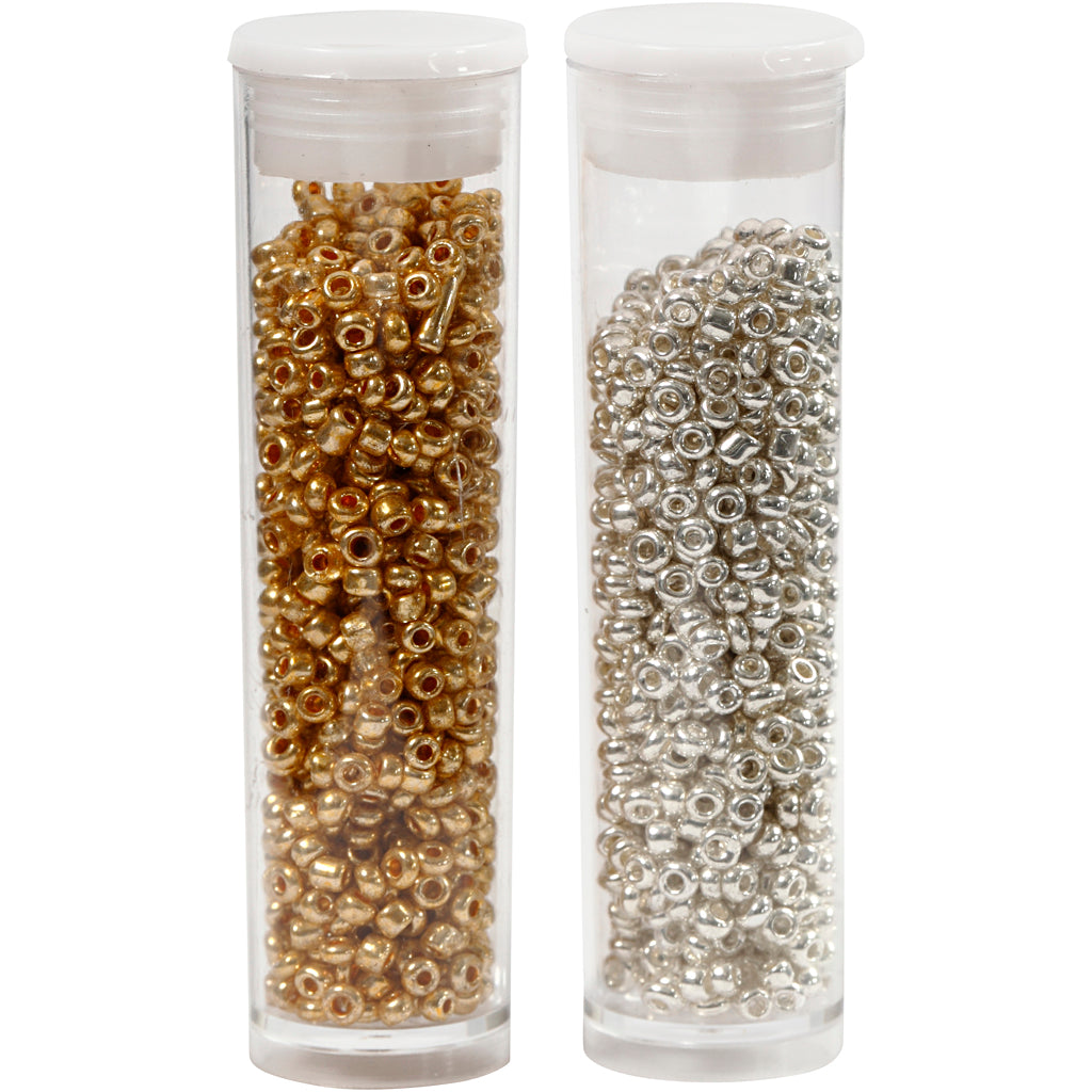 Rocaille Seed Beads, dia. 1,7 mm, size 15/0, hole size 0,5-0,8 mm, gold, silver, 2x7 g