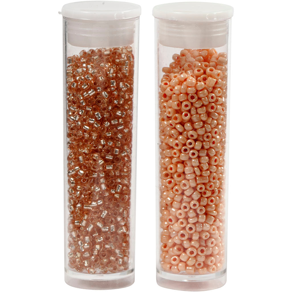 Rocaille Seed Beads, dia. 1,7 mm, size 15/0, hole size 0,5-0,8 mm, peach, light peach, 2x7 g