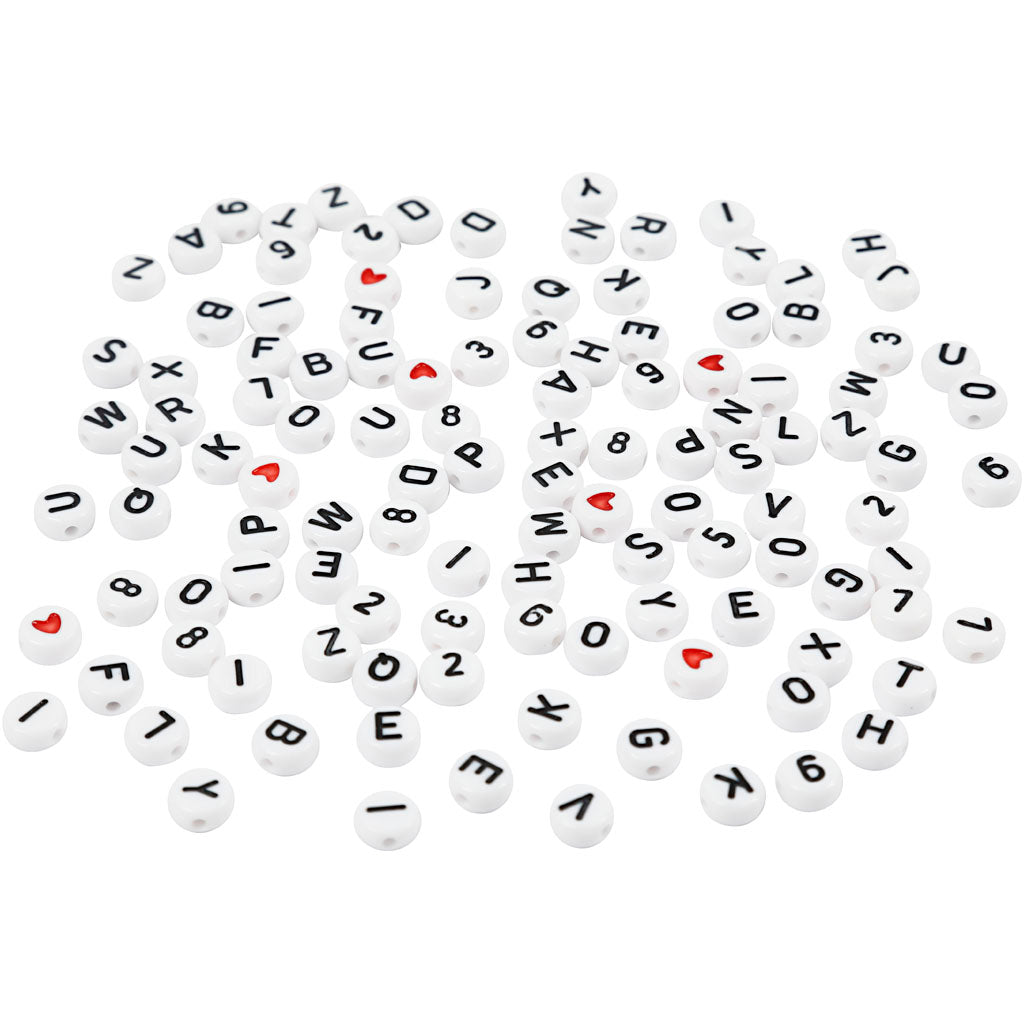 Letter Beads, size 7 mm, hole size 1,2 mm, ca. 200 pc, white, 25 g