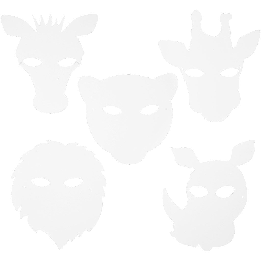 Jungle Animal Masks, H: 22,5-25 cm, W: 20,5-22,5 cm, 230 g, white, 16 pc