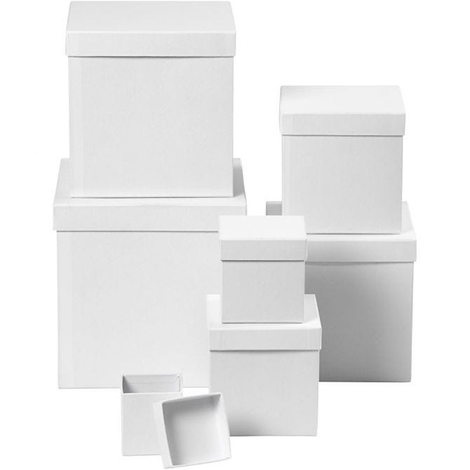 Boxes, square, size 7.5+10+13+15+18+20+23 cm, H: 7.5+10+13+15+18+20+23 cm, white, 7pcs