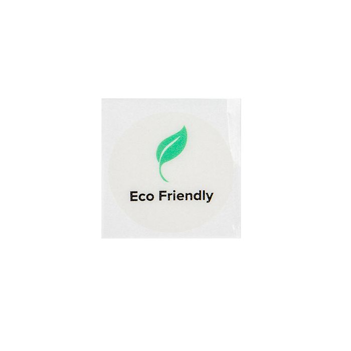 Stickers Round Eco Friendly (Clear w/ Green Leaf & Black Text) 2,5 cm (1 Sheet)