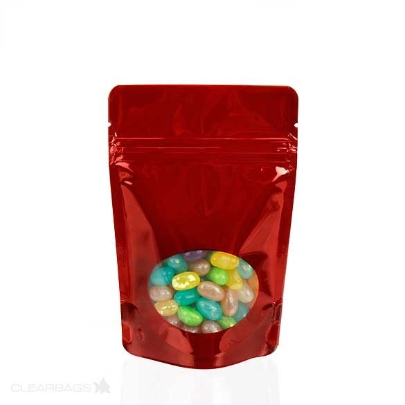 Stand Up Pouches Red with oval Window 8x5x13cm | 28 grams