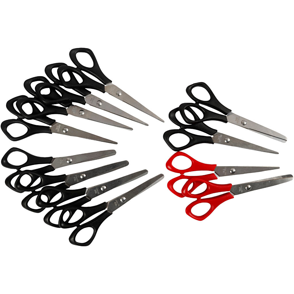 School Scissors, L: 14 cm, both left and right, black, red, 12 pc