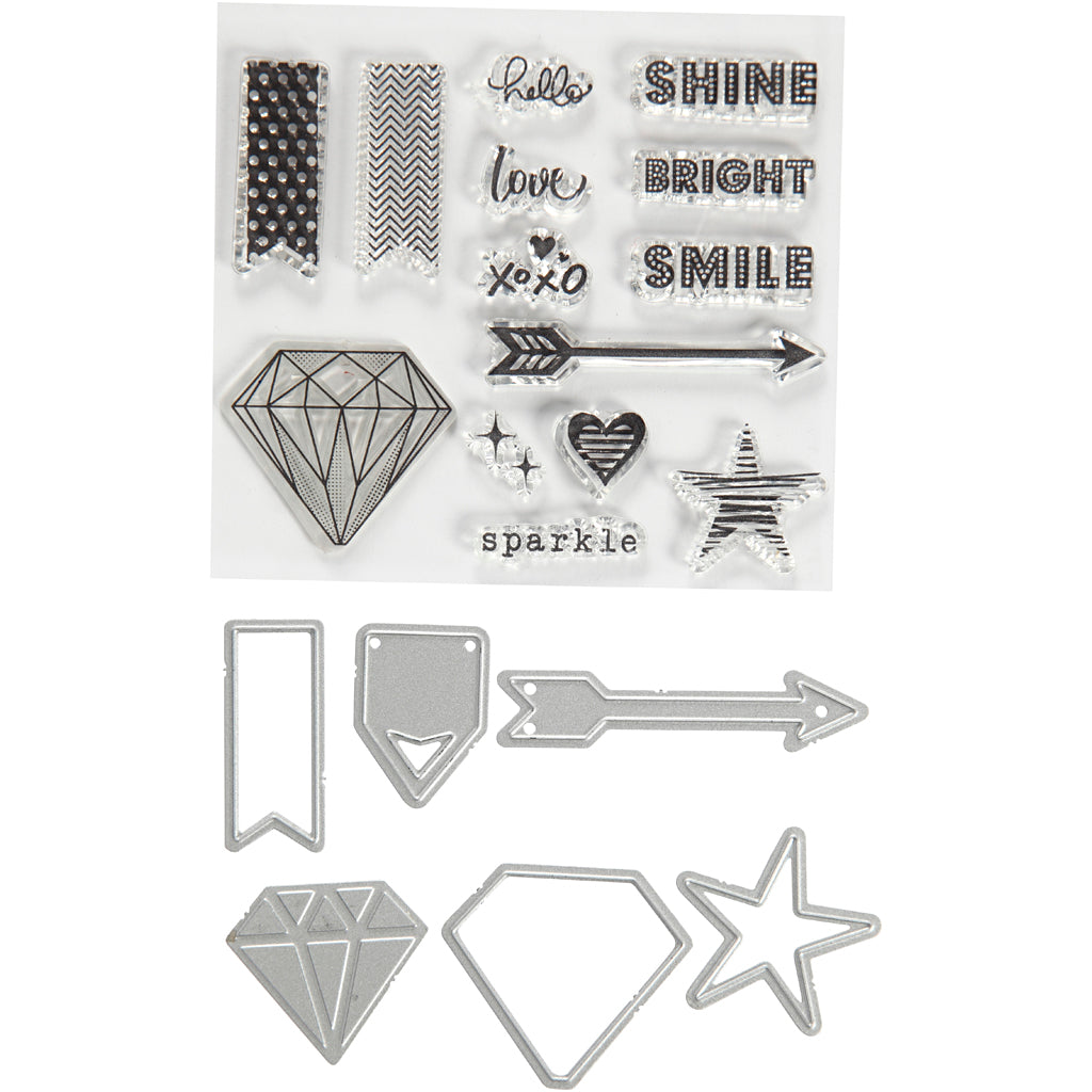 Clear stamps, embossing and cutting dies, words and signs, size 1,5-6 cm, 1 pack