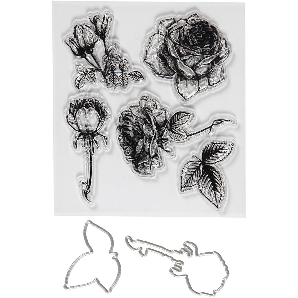 Clear stamps and cutting dies, flowers, size 4-6,5 cm, 1pack