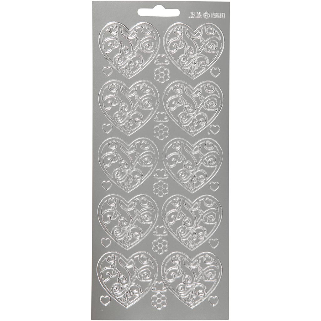 Stickers, hearts, sheet 10x23 cm, silver, 1 sheet