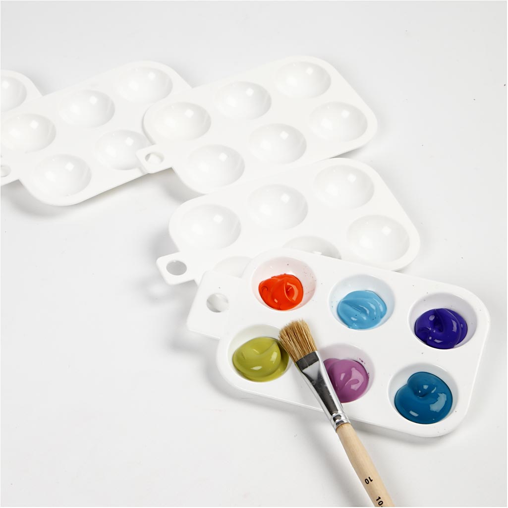 Tavolozza, Tavolozza rettangolare con 6 contenitori, misura 13x8,5 cm, bianco, 10 pz/ 1 conf. [HOB-10332]