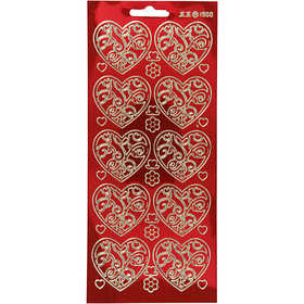Stickers, cuori, foglio 10x23 cm, oro, transparent rosso, 1 fgl. [HOB-170054]