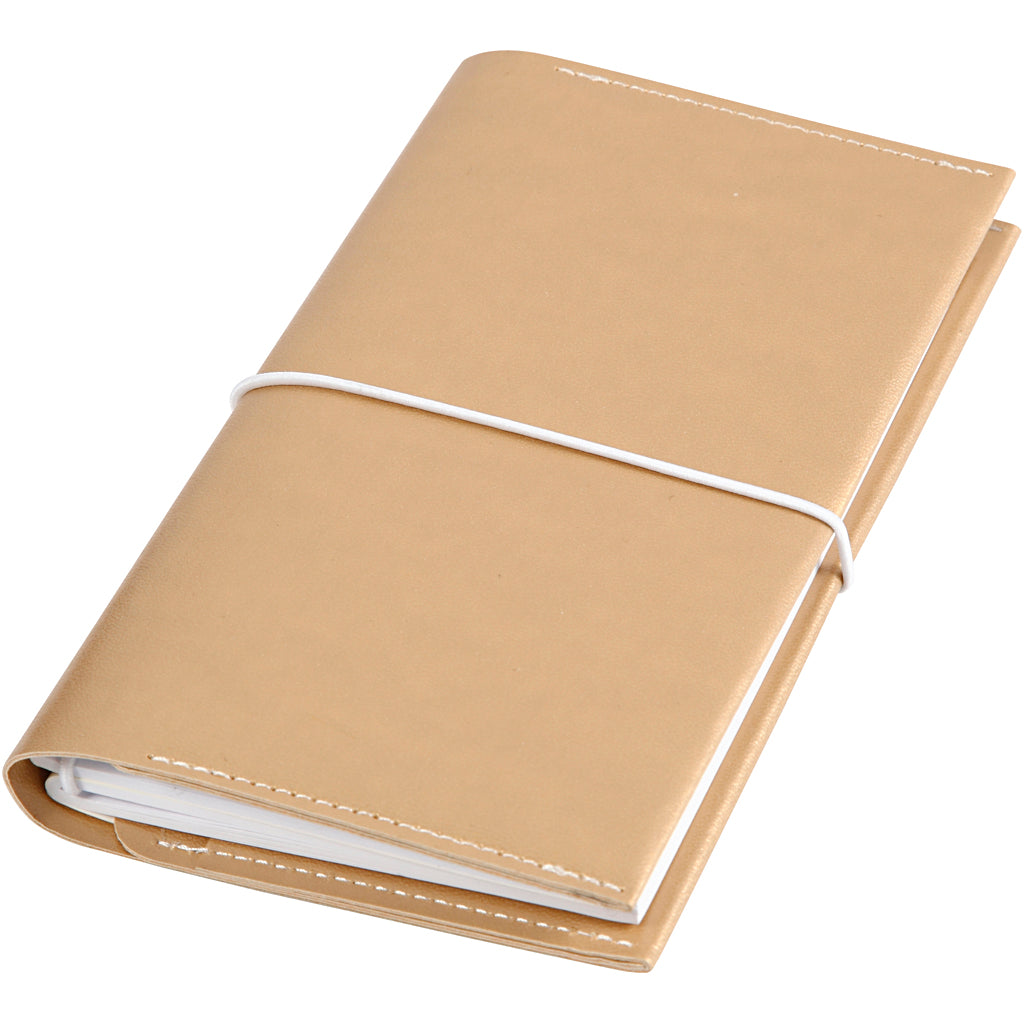 Agenda, misura 10x18x1,5 cm, chiusura con elastico, oro, 1 pz [HOB-192669]