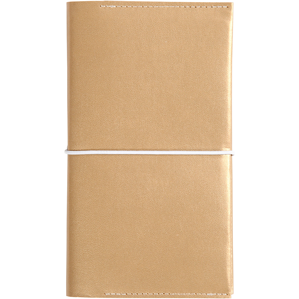 Agenda, misura 10x18x1,5 cm, chiusura con elastico, oro, 1 pz [HOB-192669]