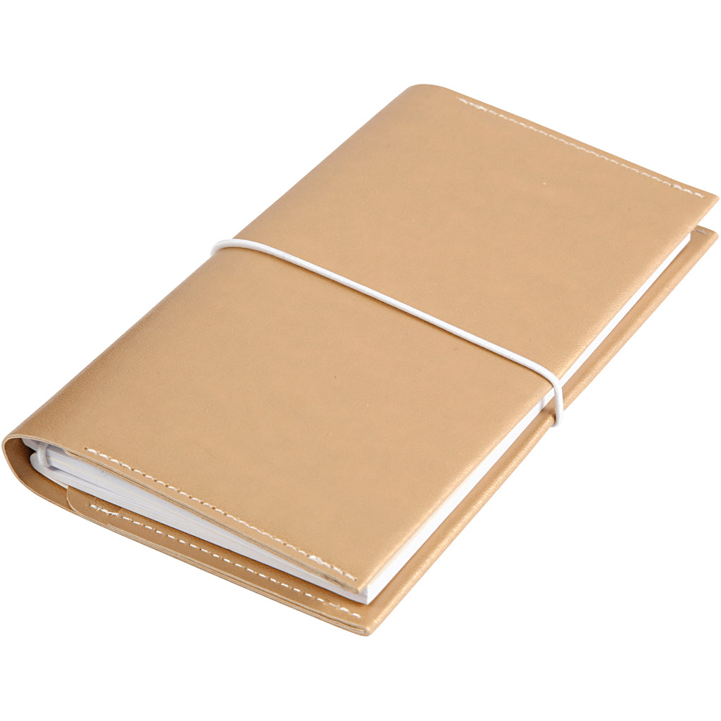 Agenda, misura 10x18x1,5 cm, chiusura con elastico, oro, 1 pz [HOB-192669]