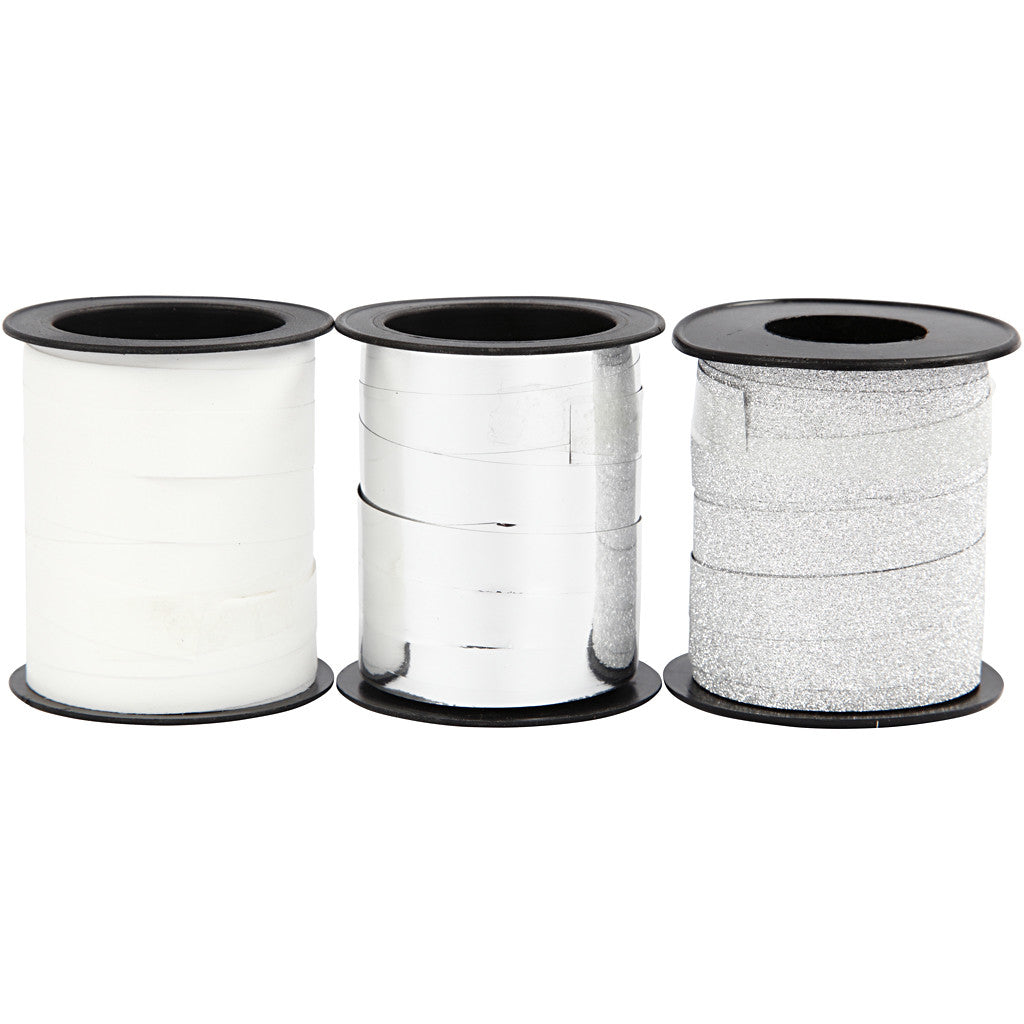 Nastro arricciabile, L: 10 mm, argento, argento glitter, bianco, 3x15 m/ 1 conf. [HOB-202412]