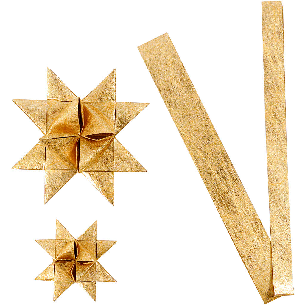 Paper star strips, L: 44+78 cm, dia. 6,5+11,5 cm, W: 15+25 mm, gold, 32 strips