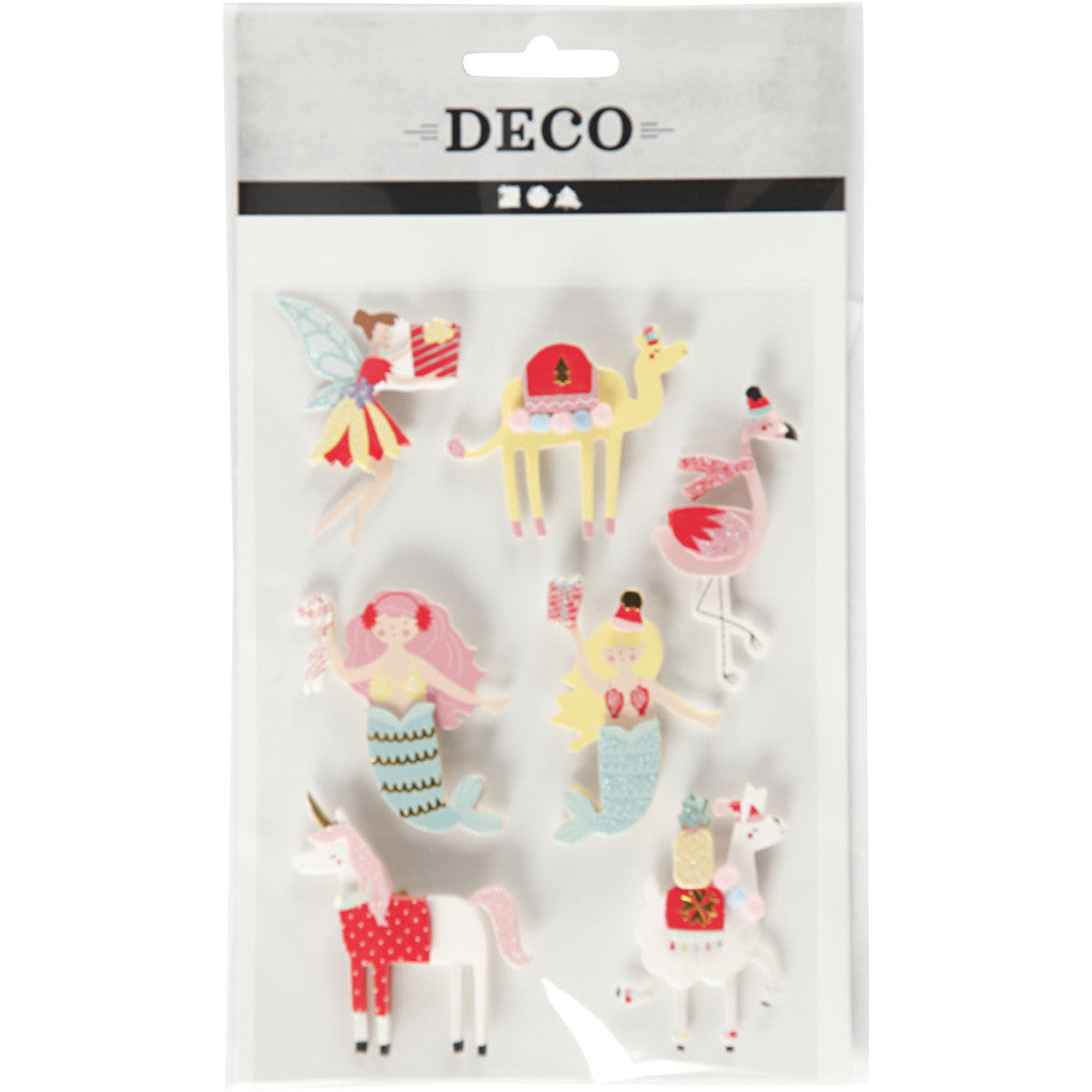 Stickers 3D, fenicotteri, lama, sirene, H: 50-60 mm, L: 30-45 mm, spess. 7 mm, 7 pz/ 1 conf. [HOB-27695]